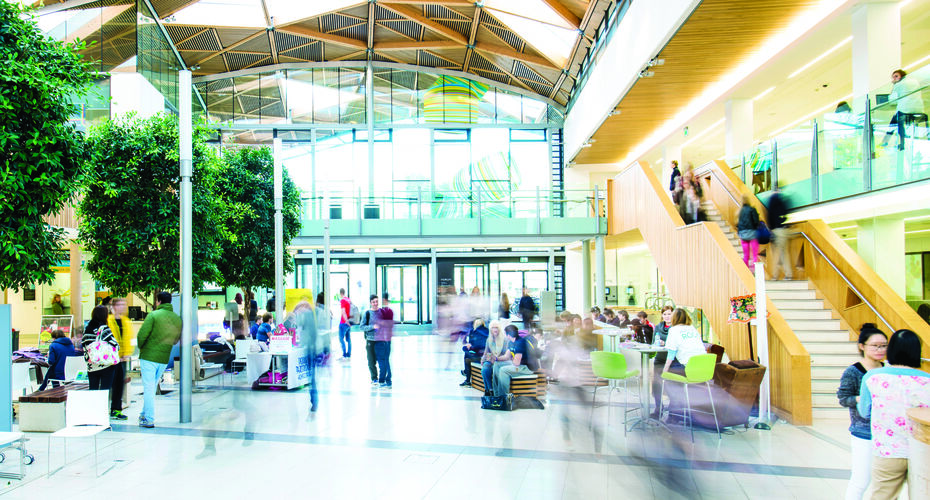The Forum at the University of Exeter - a large indoor space with high windows and an arching roof